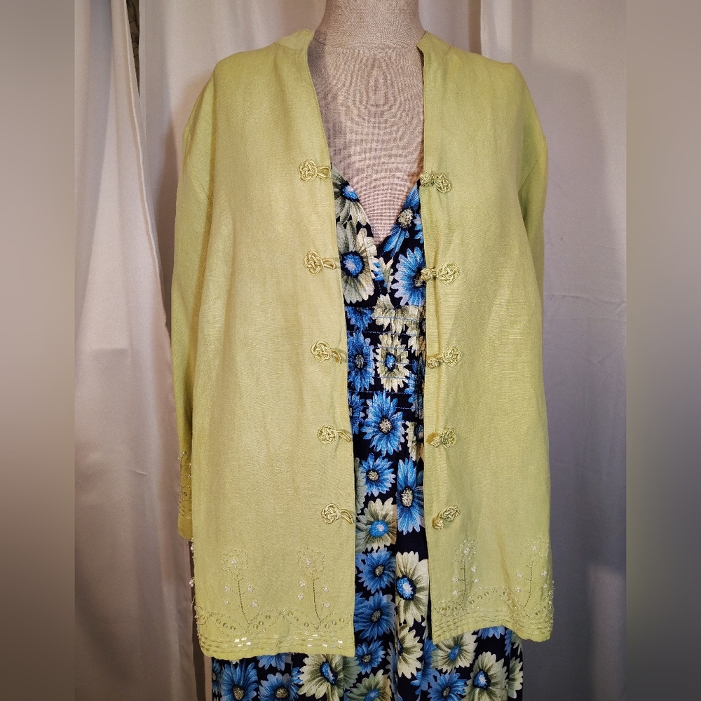 Dressbarn Button Up Silk Lime Green Jacket, Women, Beads, XL
